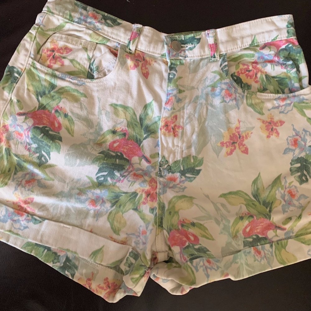 American Apparel Women's Shorts Floral Tropical Print High-Rise 80s Flamingo